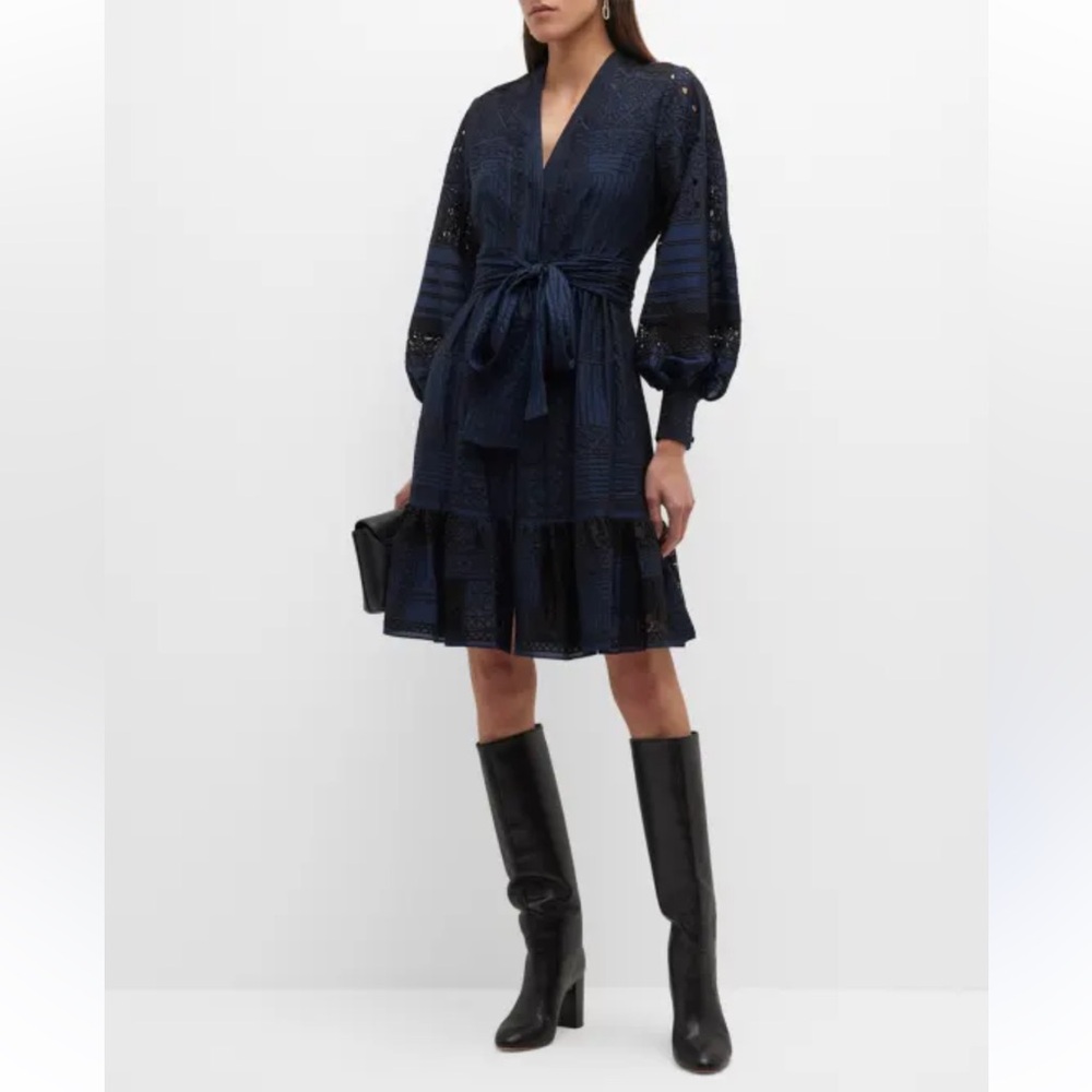 JOANIE EMBROIDERED BISHOP-SLEEVE DRESS IN BLACK